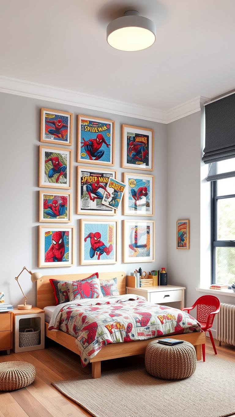18. Create a puzzle art wall with framed Spider Man scenes