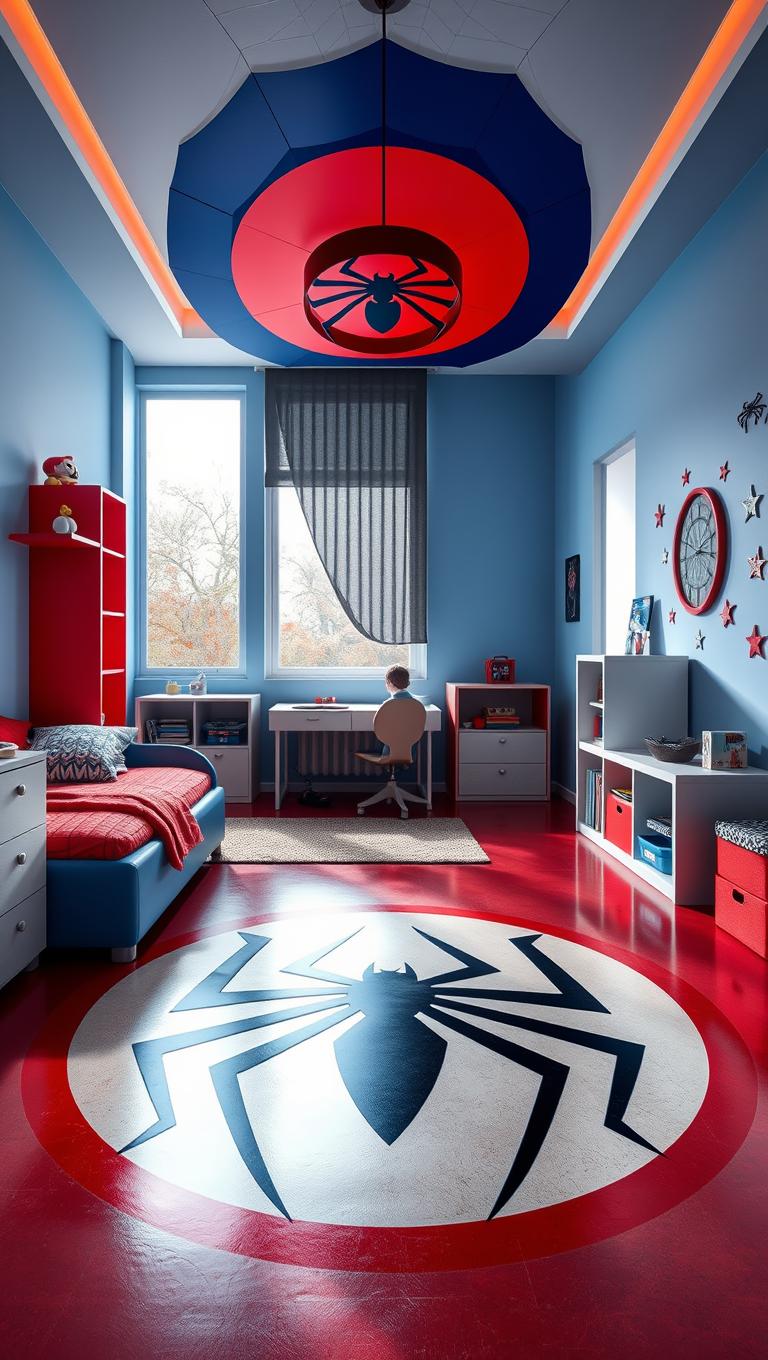 24. Paint a Spider Man emblem on the floor or rug