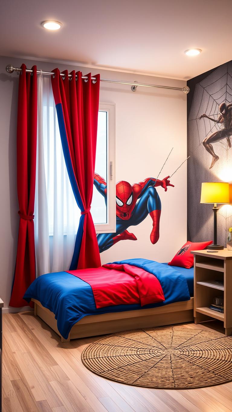28. Hang curtains with Spider Man tie backs