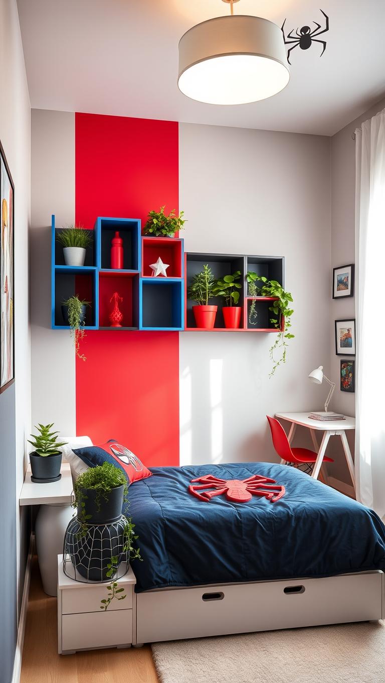 34. Use a hero themed shelf and planters for decor